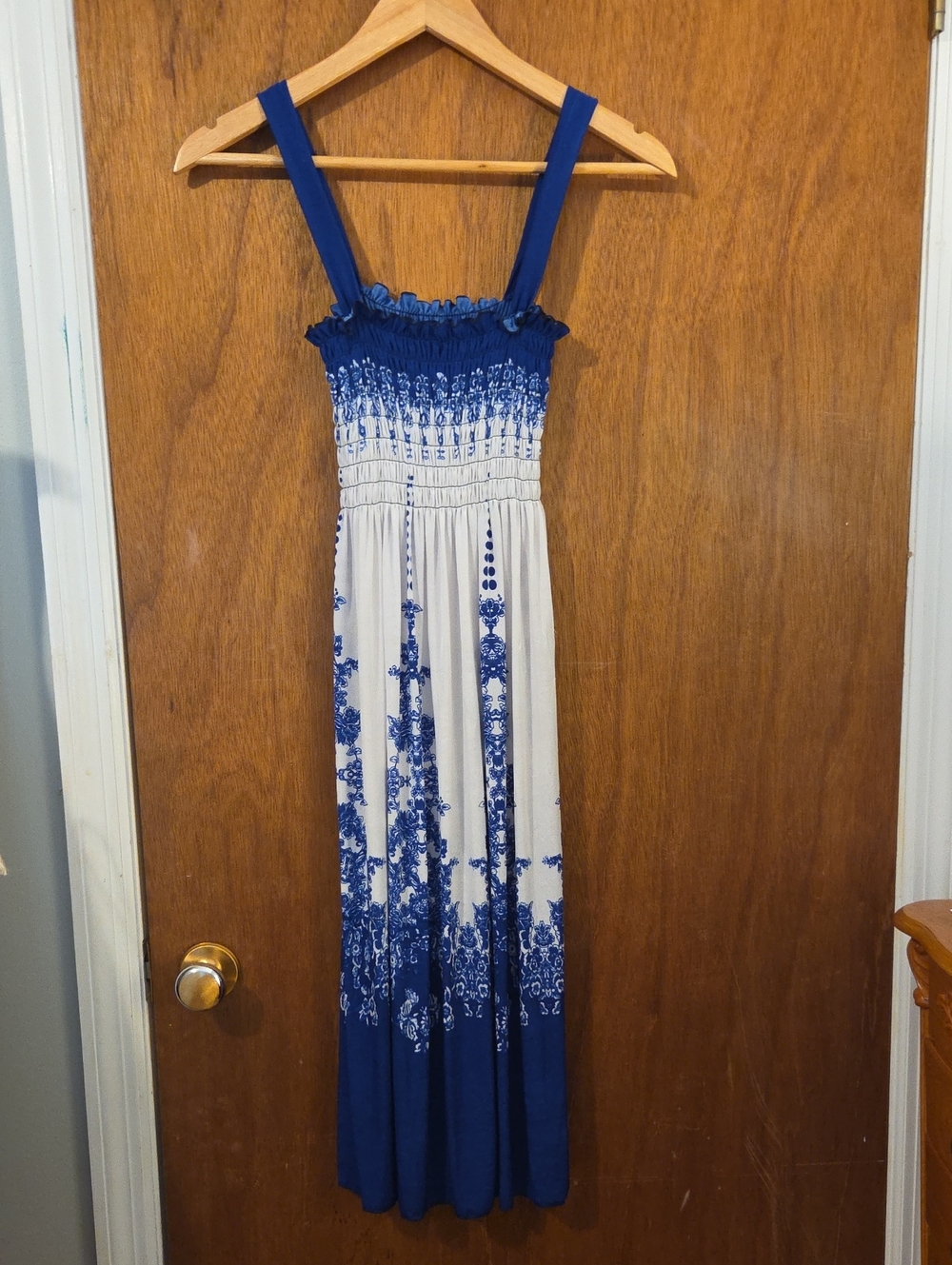 Blue And White Floral Porecelain Smocked Maxi Dress